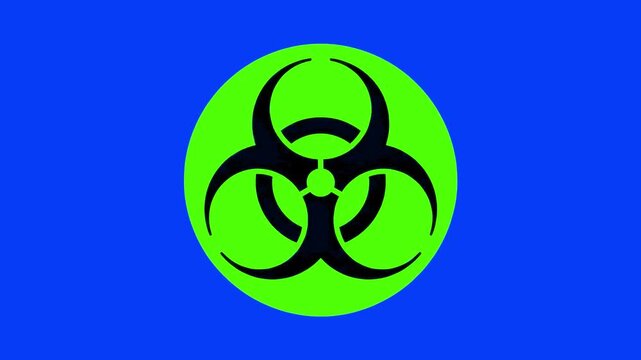 A vibrant green circular biohazard symbol stands out sharply against a solid blue screen chroma key backdrop. This visual asset is ideal for motion design compositing, medical animations, and video ga