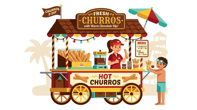 Street food cart selling fresh churros with vendor.