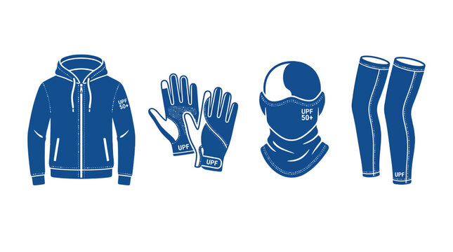 Set of blue athletic wear including hoodie and accessories.