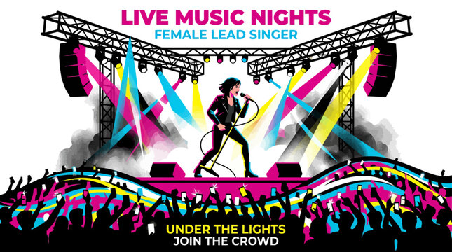 Live music concert stage with singer and vibrant lighting.