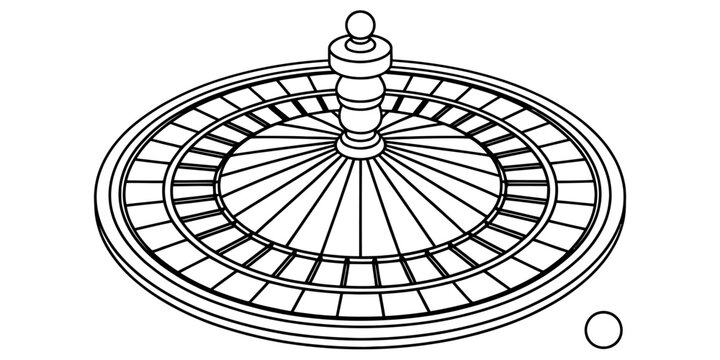 Black and white line art illustration of a classic casino roulette wheel with a ball