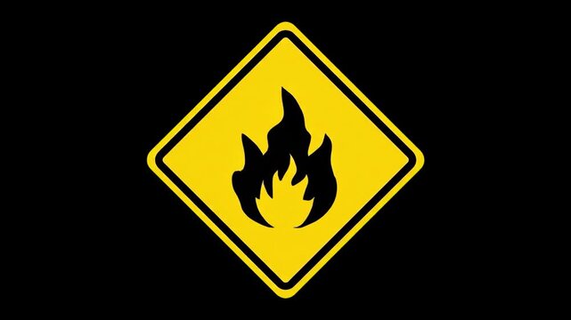 A yellow diamond-shaped hazard sign featuring a black fire flame icon isolated against a solid black backdrop. Perfect for flammable material warnings, fire safety videos, industrial hazard overlays, 
