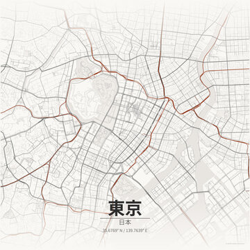 Tokyo city map with Japanese characters and red lines