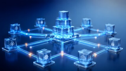 Fototapeta premium Intricate cybernetic network displaying a hand interacting with a central blue cube tower connected to satellite platforms representing massive cloud computing control and system operations