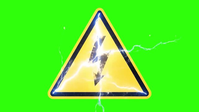 A yellow triangular high voltage hazard sign with crackling electricity sparks and lightning bolts active against a bright green screen background. Ideal for power grid safety, electrical warning over