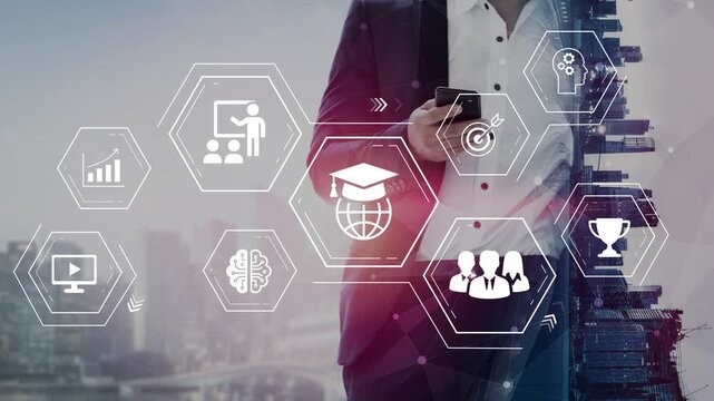 Business professional interacting with digital icons representing education, technology, teamwork, and achievement in a modern urban environment Gluon.