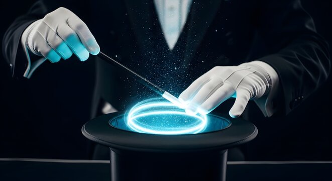 Magician performing magic trick with wand and top hat