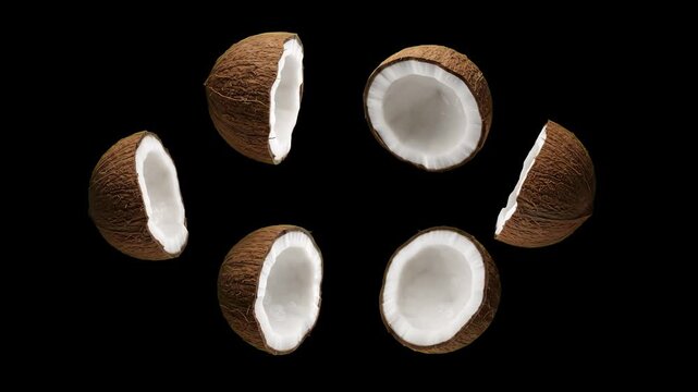 Multiple cracked halves of fresh coconuts with rich white meat and textured brown shells float across a stark black background. This high-contrast 3D animated background loop is excellent for luxury s
