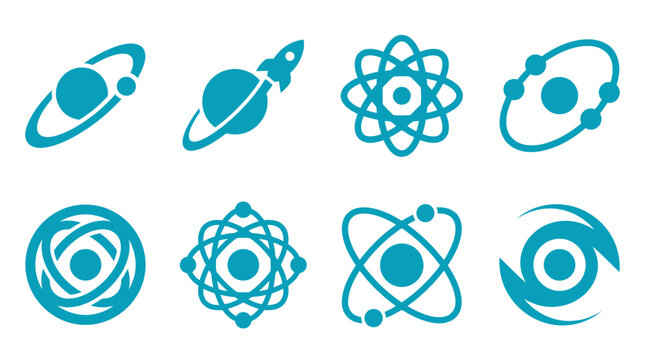 Teal planet, rocket, and atomic structure icon collection.