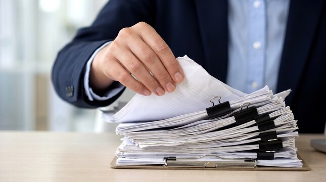Close-up of a professional business person reviewing a large stack of documents on an office desk