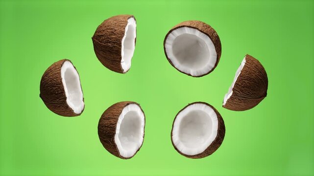 A dynamic 3D rendering of multiple fresh coconut halves with brown hairy shells and white flesh falling through the air, isolated on a solid green chroma key backdrop. Ideal for tropical juice adverti