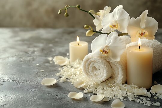 Relaxing spa scene with white orchids candles towels and flower petals for wellness and self-care ambiance