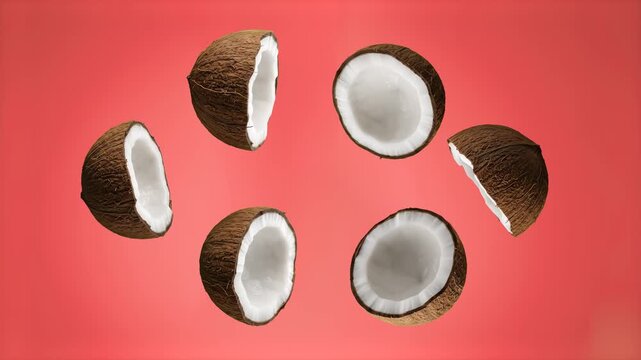 Fresh coconut halves with white flesh floating and falling in mid-air against a vibrant coral red studio backdrop. Great for tropical beverage commercials, coconut water advertising, skincare brand pr