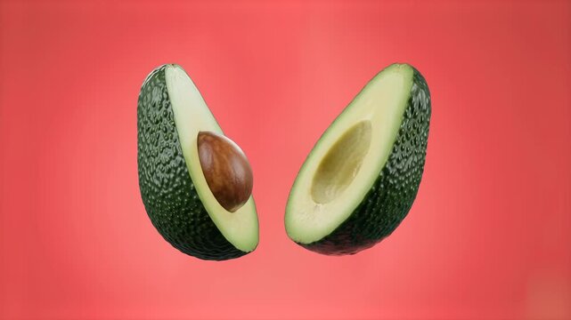 A pair of sliced green avocado halves spin symmetrically in mid-air against a vibrant solid red backdrop. This stylized motion graphics element provides a striking contrast for creative food branding,