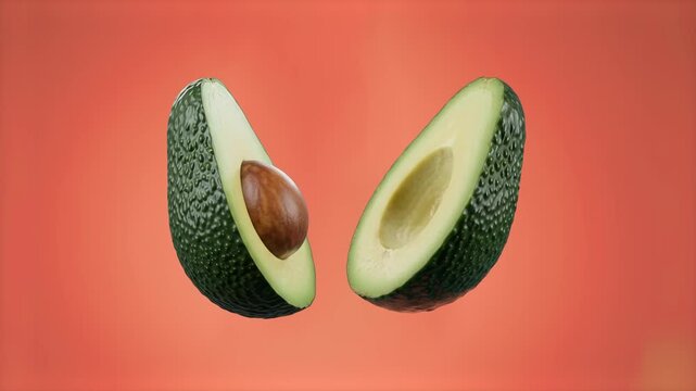 A pair of fresh avocado halves hovering in mid-air against a warm coral orange backdrop. Perfect for culinary shows, healthy lifestyle branding, tropical food promos, and vibrant visual overlays.