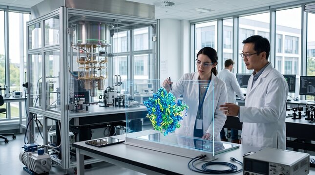 Scientists interacting with quantum computer interface in laboratory