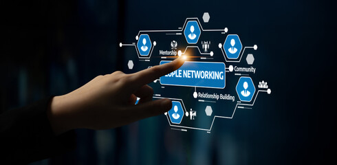 Fototapeta premium A hand reaching toward a digital interface depicting networking concepts, showcasing the importance of connections and community building in today digital age. Tessel