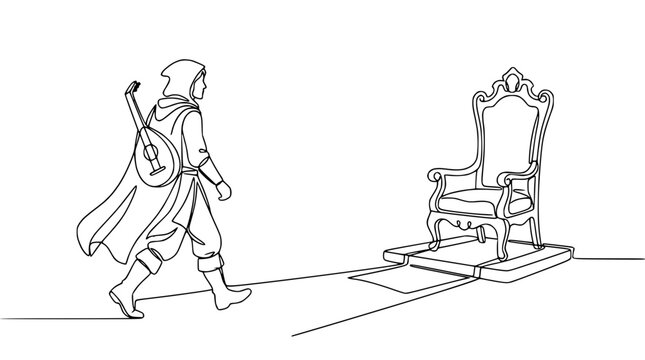 Mysterious hooded figure with lute approaches ornate empty throne, single line art illustration