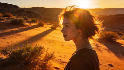 Fototapeta premium Woman in desert at sunset