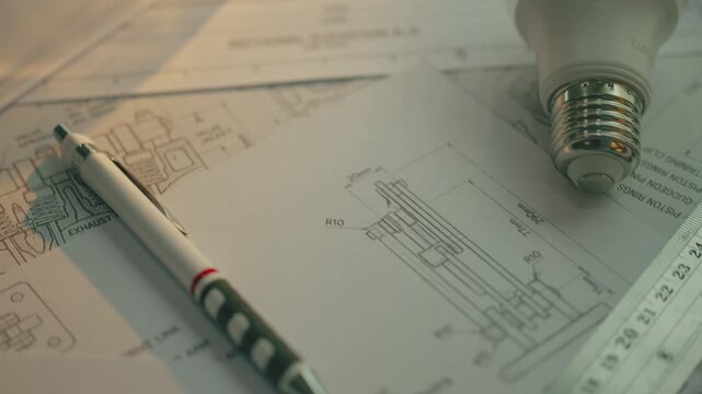 Engineer Creating Mechanical Parts Design with Technical Drawings for Manufacturing Factory Industry Blueprint Project. handheld movement.