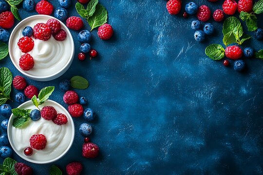 Fresh Berries and Cream with Mint on a Dark Blue Background, Top View, Healthy Snack and Dessert Ingredients for Cooking and Baking