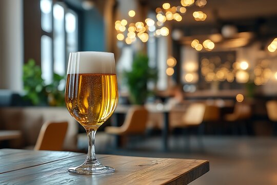 Elegant glass of golden beer on wooden table in modern indoor bar with warm lighting and blurred background ambiance