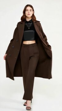 The shows a fashion model dressed in contemporary clothing. She is wearing a long coat with a collar and cuffs, paired with harem pants that have a wide leg. The outfit gives off an autumnal vibe.