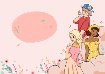 Fototapeta premium Vector illustration of three girls wearing summer dresses and hats, surrounded by flowers and clouds, in a flat art style suitable for children’s books, fashion, or lifestyle projects.