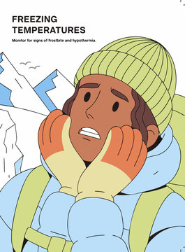 Cold female hiker wearing green beanie and gloves holds her face in snowy mountain landscape, emphasizing challenges of freezing temperatures in winter outdoor activities, survival and weather safety