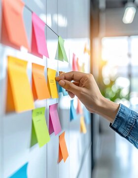 Person placing colorful sticky notes on whiteboard for agile project management and task planning, brainstorm session, office productivity, workflow organization