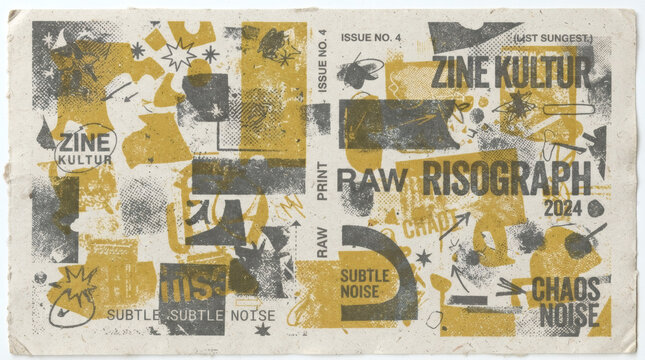 Abstract Risograph Zine Texture With Grunge Typography And Graphic Shapes