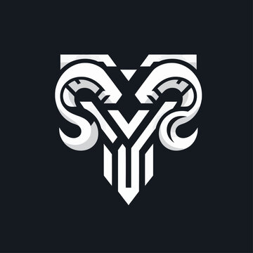 A stylized white ram's head logo with prominent curved horns on a dark background.