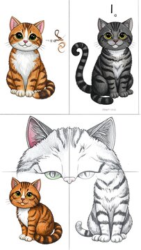 Four cartoon cats in different poses and outfits.