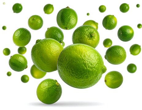 Fresh green apples scattered on white background.