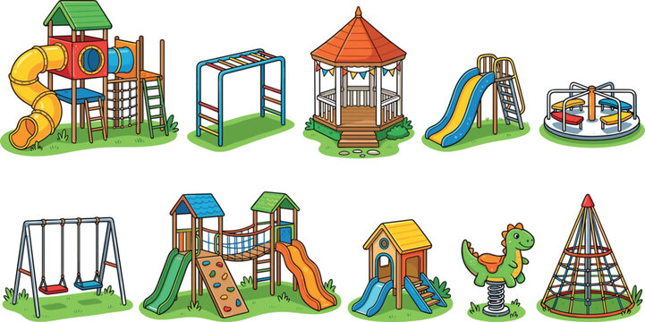 Colorful kids playground equipment vector illustration set featuring slides swings climbing frames carousel and gazebo isolated on white background.
