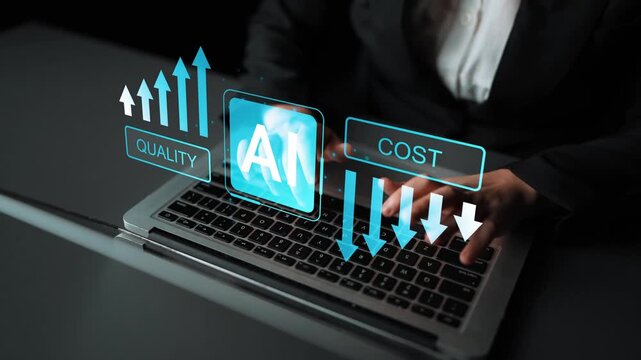 Business professional analyzing quality and cost metrics with artificial intelligence technology on a laptop in a modern office setting Gluon.