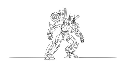 Fototapeta premium Futuristic Robot Warrior Outline Drawing, Mechanical Soldier with Gears, Sci-Fi Character Art