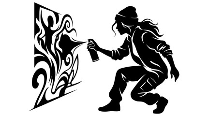 Silhouette of a woman spray painting graffiti art on a wall, urban street art concept. © Lubrene