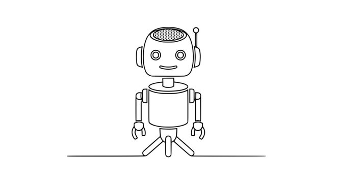Cute cartoon robot character, line art, isolated on white background, futuristic concept