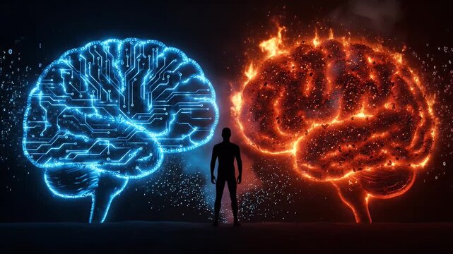 Human brain duality concept with digital circuit and burning fire energy