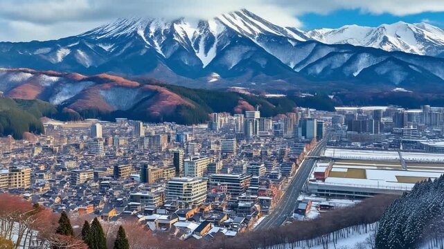 Panoramic winter view of Takayama City Japan and snowy mountains