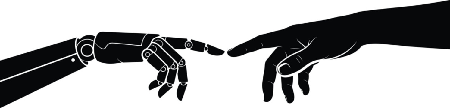 Human hand and robotic bionic arm reaching to touch each other fingers silhouette vector illustration, artificial intelligence connection concept icon isolated on white background.