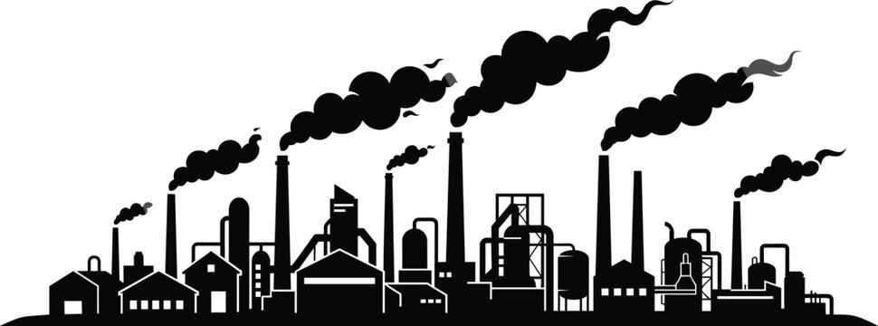 Industrial factory skyline silhouette with smoking chimneys causing air pollution landscape, CAD drawing flat vector illustration background isolated on white.