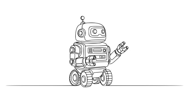 Cute cartoon robot waving hello, line art illustration, futuristic technology concept