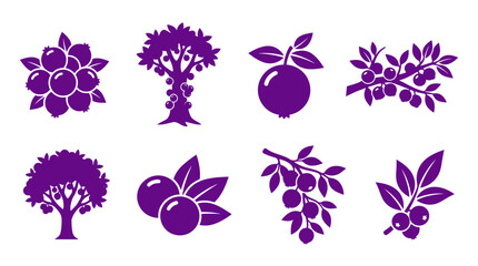 Purple berry and pomegranate fruit silhouette icon set. © Marakawulo