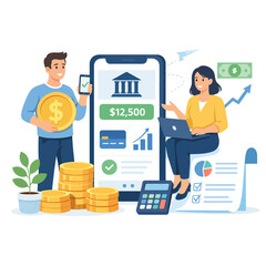 Fototapeta premium Mobile banking and financial planning concept with smartphone and laptop