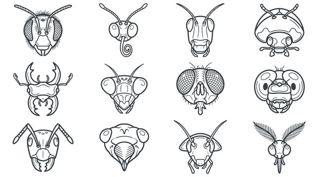 Collection of insect head sketches and bug faces.