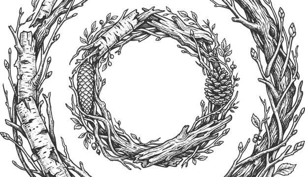 Rustic circular nature wreath made of tree branches twigs and pine cones in black and white sketch style with pine cone hand drawn wreath shape rustic decor circular botanical ornament