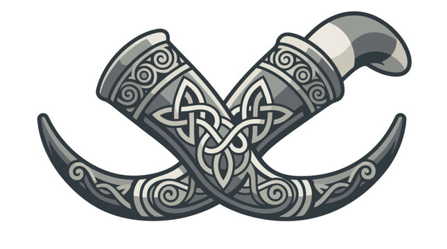 Crossed Viking drinking horns with Celtic knotwork.
