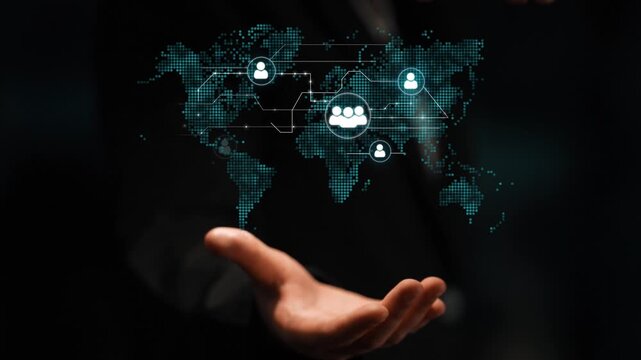 Digital connection of global social networks visualized with holographic people icons and world map on a businessman hand in dark background. Entropy.